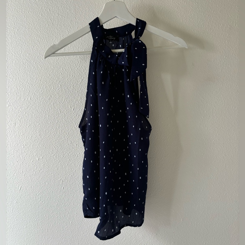 Navy and White Polka and Dot Halter Top with Tie